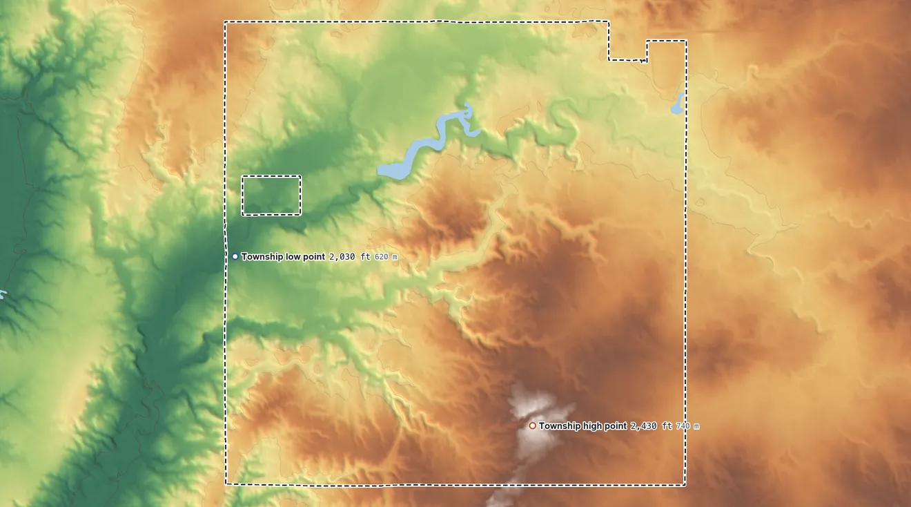 Topographic elevation map of Springbrook Township, North Dakota, shaded from 2,030 ft on the west side to 2,430 ft on the south side