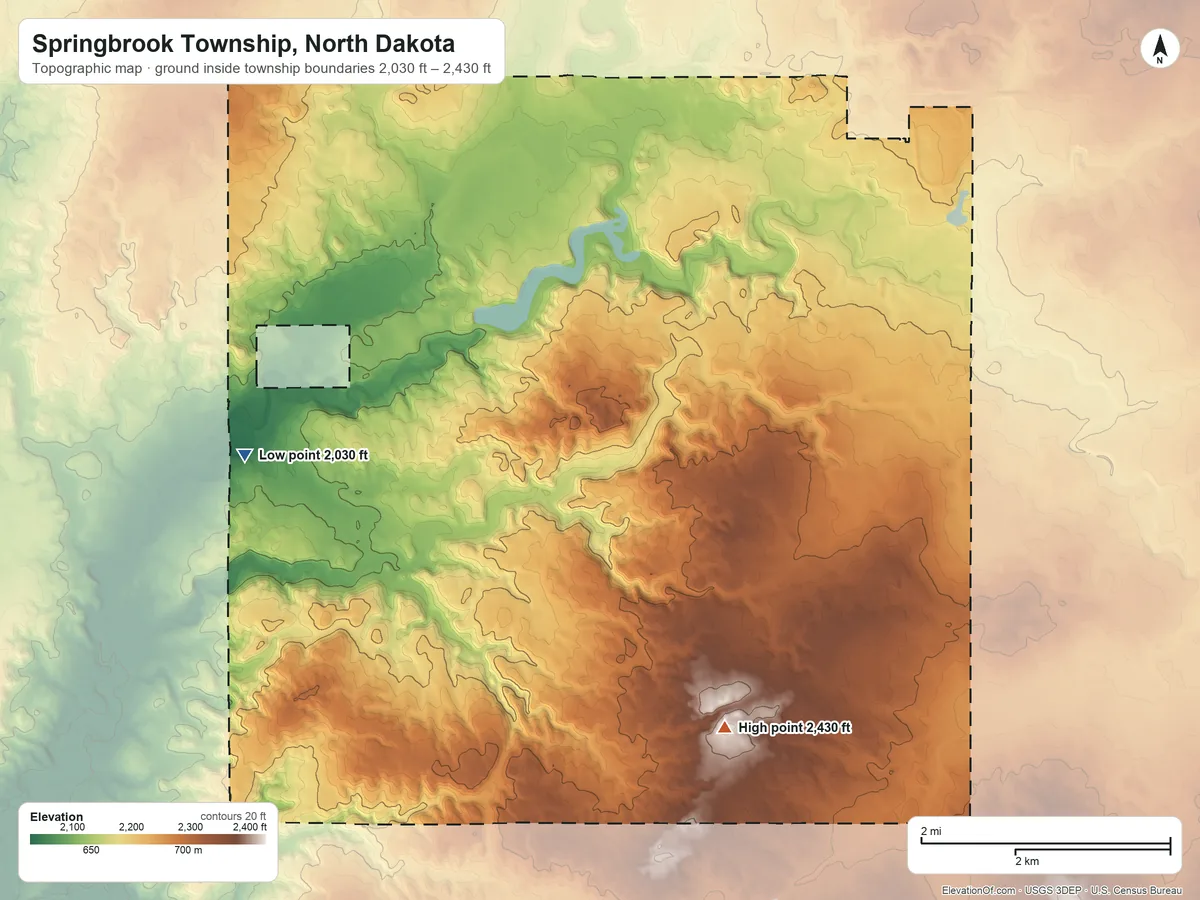 Topographic elevation map of Springbrook Township, North Dakota, shaded from 2,030 ft on the west side to 2,430 ft on the south side