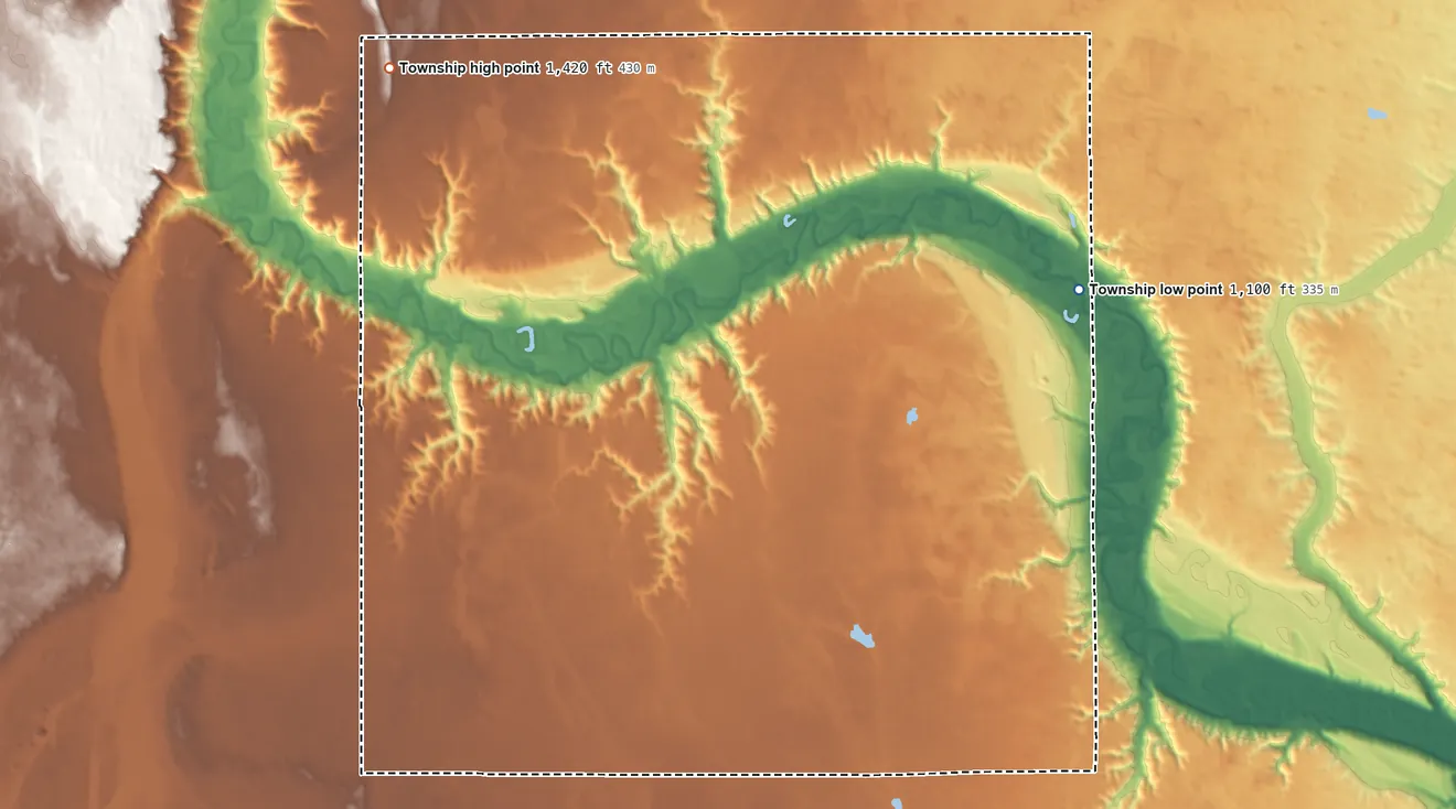 Topographic elevation map of Springer Township, North Dakota, shaded from 1,100 ft on the east side to 1,420 ft on the northwest side