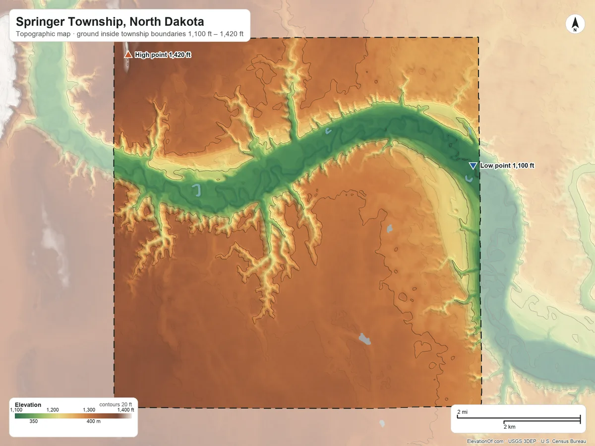 Topographic elevation map of Springer Township, North Dakota, shaded from 1,100 ft on the east side to 1,420 ft on the northwest side