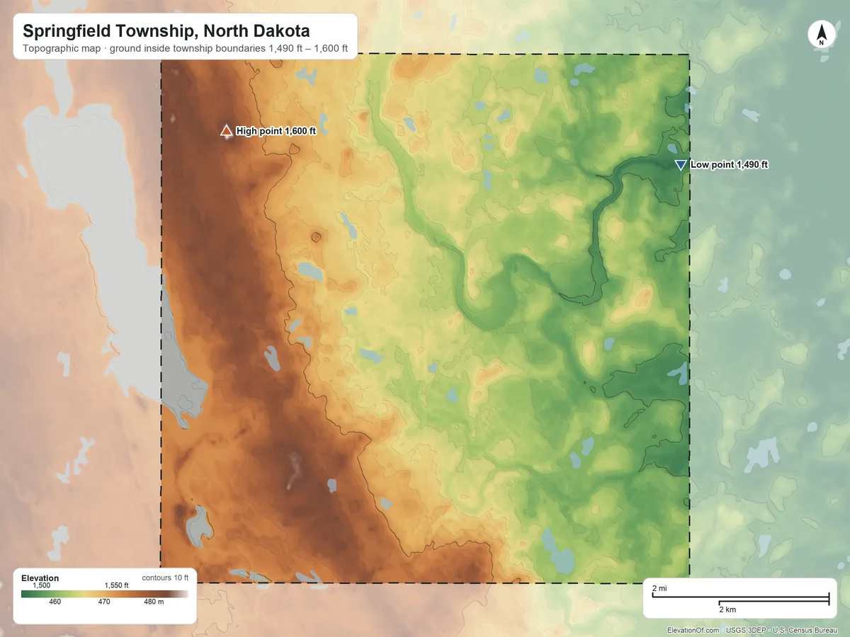 Topographic elevation map of Springfield Township, North Dakota, shaded from 1,490 ft on the northeast side to 1,600 ft on the northwest side