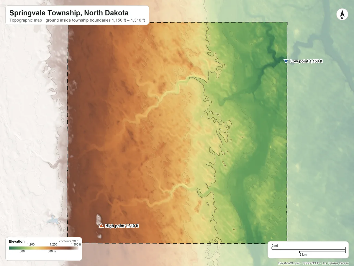 Topographic elevation map of Springvale Township, North Dakota, shaded from 1,150 ft on the east side to 1,310 ft on the southwest side