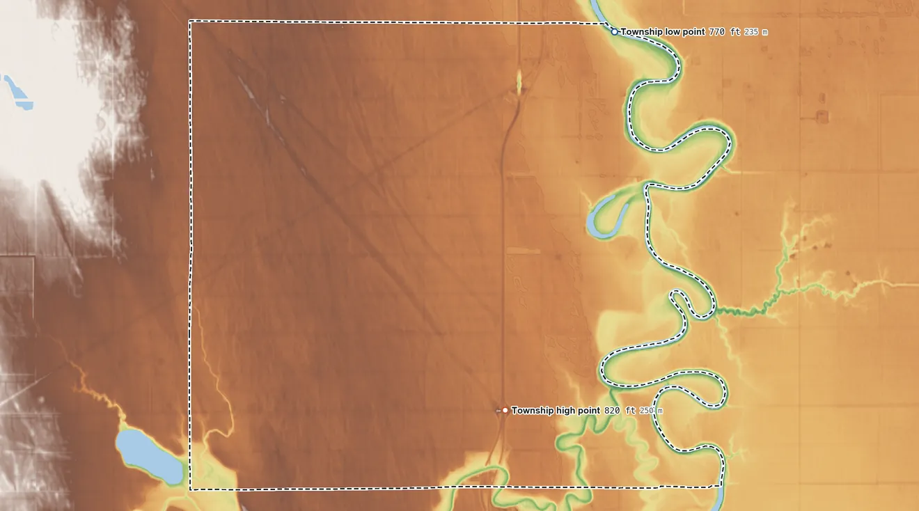 Topographic elevation map of St. Andrews Township, North Dakota, shaded from 770 ft on the northeast side to 820 ft on the southeast side