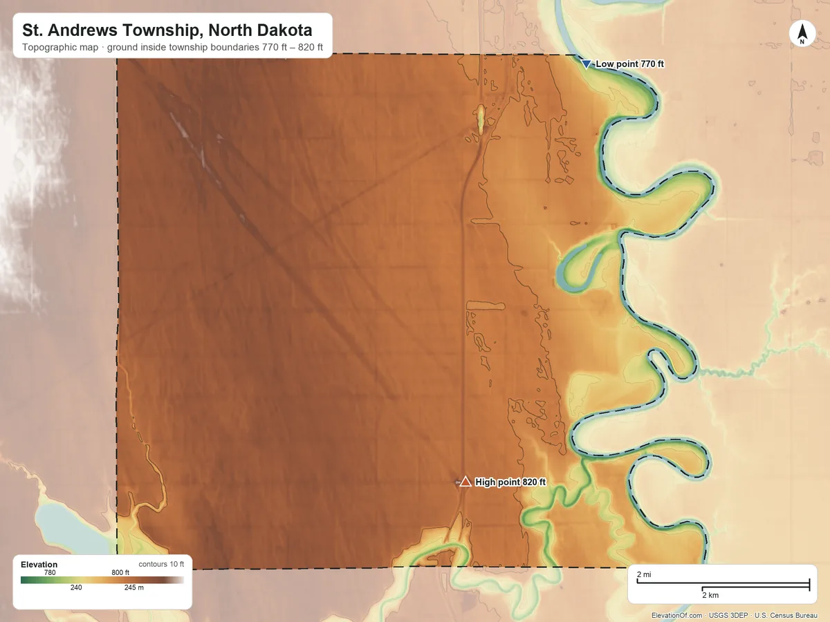 Topographic elevation map of St. Andrews Township, North Dakota, shaded from 770 ft on the northeast side to 820 ft on the southeast side