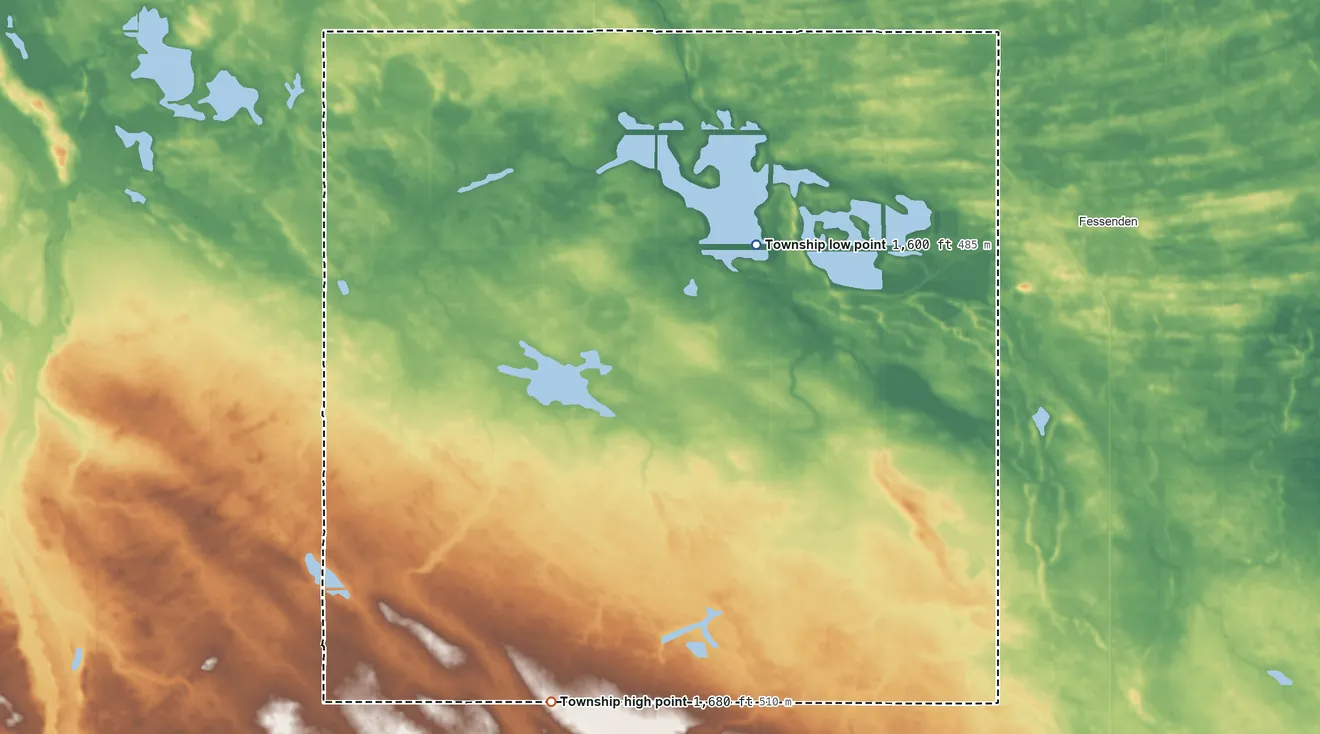 Topographic elevation map of St. Anna Township, North Dakota, shaded from 1,600 ft near the middle to 1,680 ft on the south side