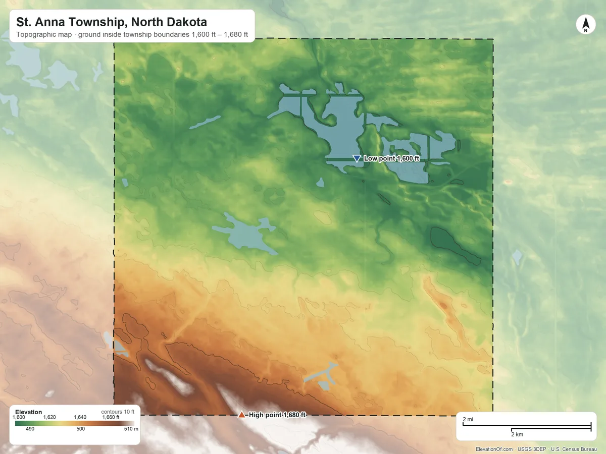 Topographic elevation map of St. Anna Township, North Dakota, shaded from 1,600 ft near the middle to 1,680 ft on the south side