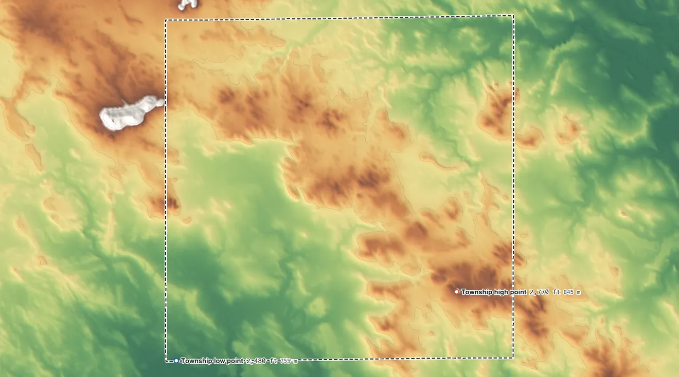 Topographic elevation map of St. Croix Township, North Dakota, shaded from 2,480 ft on the southwest side to 2,770 ft on the southeast side