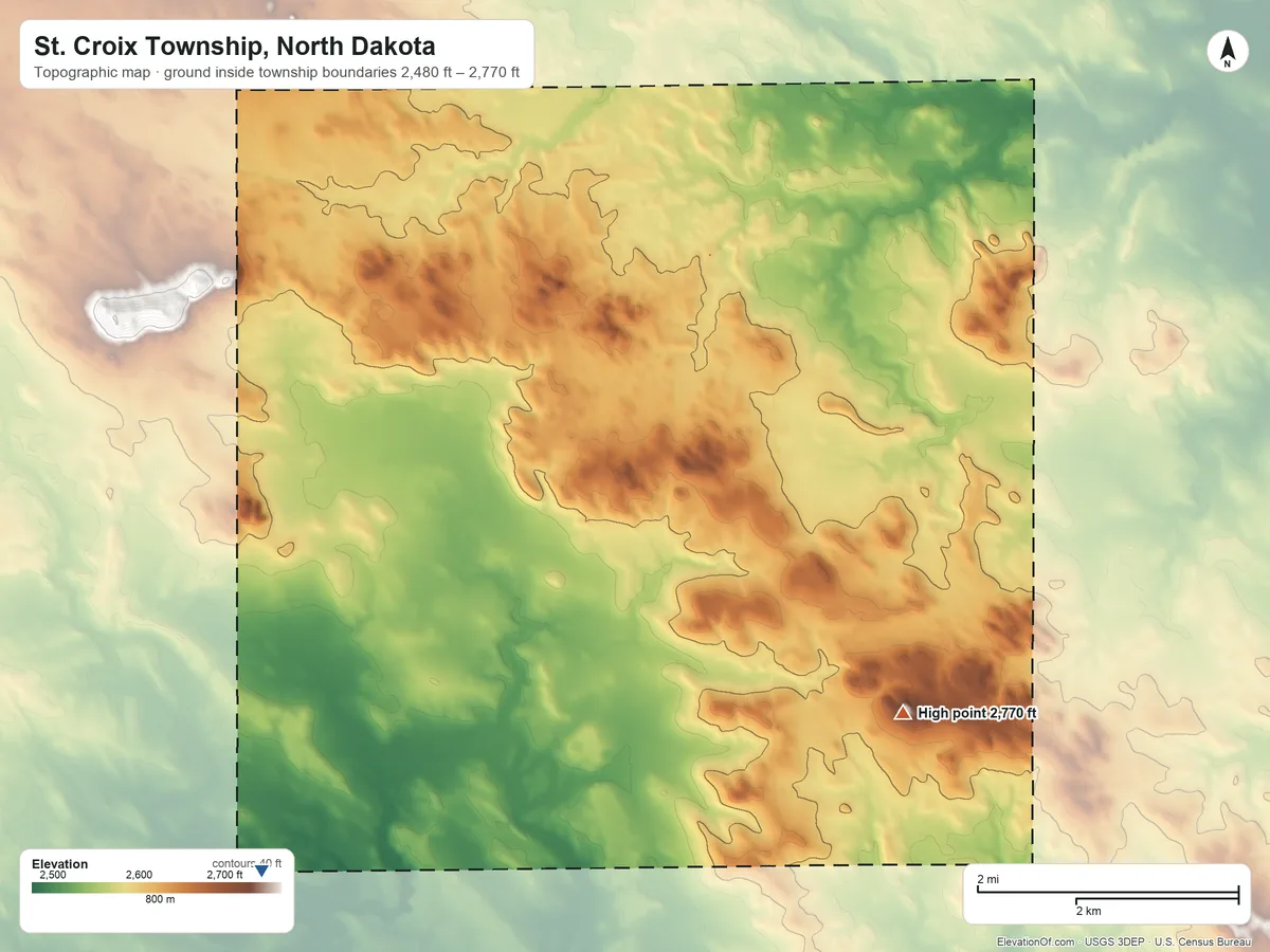 Topographic elevation map of St. Croix Township, North Dakota, shaded from 2,480 ft on the southwest side to 2,770 ft on the southeast side