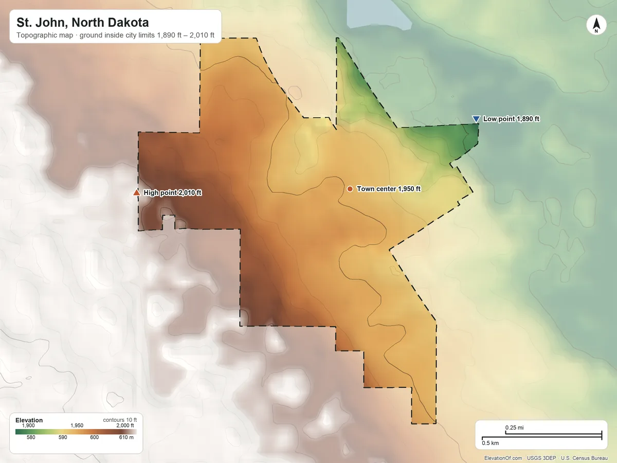 Topographic elevation map of St. John, North Dakota, shaded from 1,890 ft on the northeast side to 2,010 ft on the west side