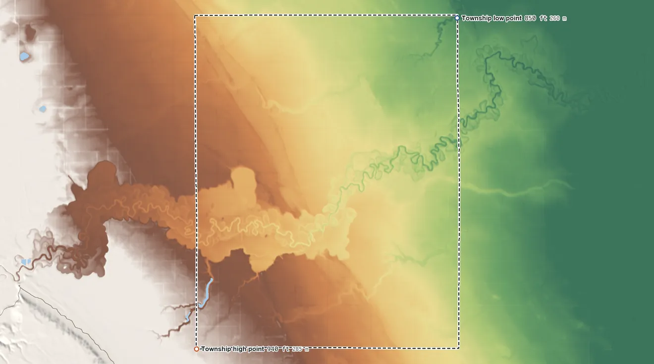 Topographic elevation map of St. Joseph Township, North Dakota, shaded from 850 ft on the northeast side to 940 ft on the southwest side