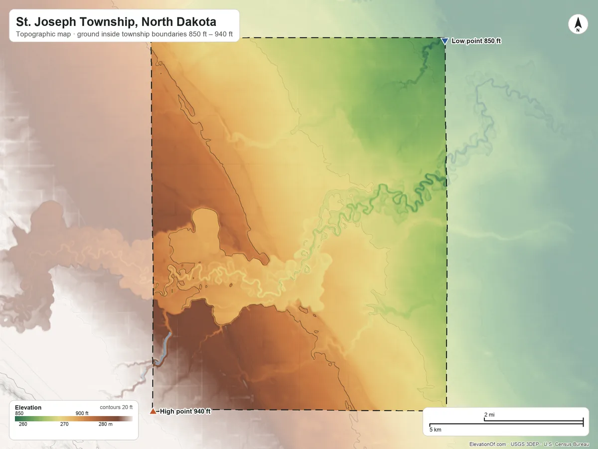 Topographic elevation map of St. Joseph Township, North Dakota, shaded from 850 ft on the northeast side to 940 ft on the southwest side