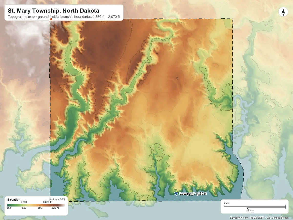 Topographic elevation map of St. Mary Township, North Dakota, shaded from 1,830 ft on the south side to 2,070 ft on the northwest side