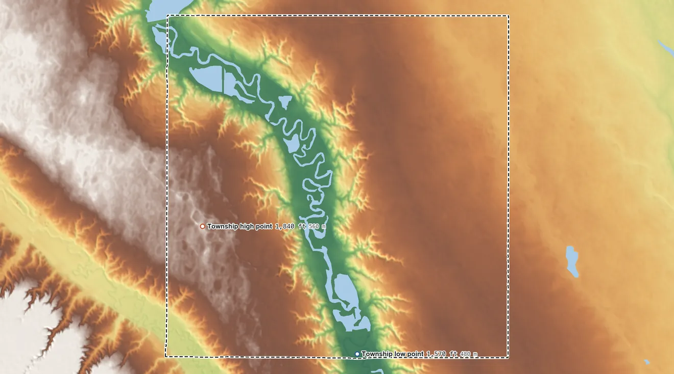 Topographic elevation map of St. Marys Township, North Dakota, shaded from 1,570 ft on the south side to 1,840 ft on the west side