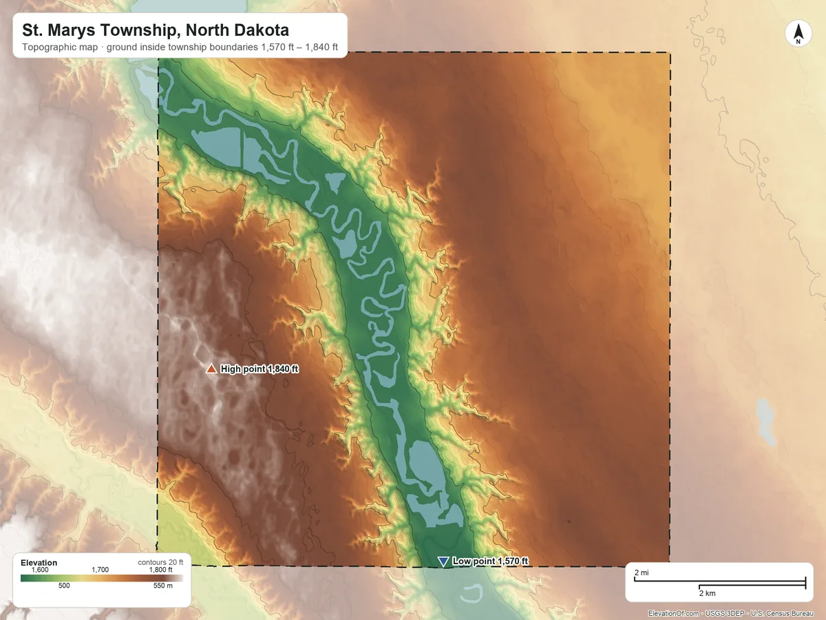 Topographic elevation map of St. Marys Township, North Dakota, shaded from 1,570 ft on the south side to 1,840 ft on the west side