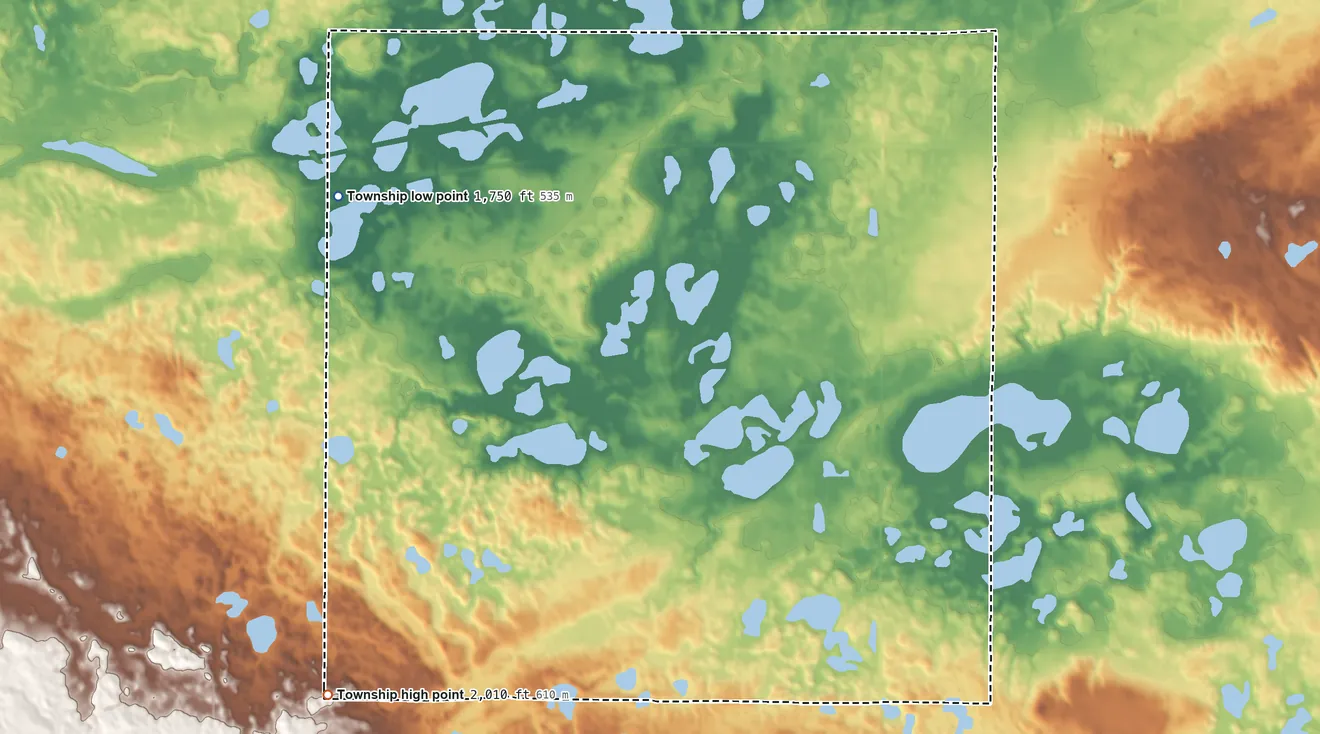 Topographic elevation map of St. Paul Township, North Dakota, shaded from 1,750 ft on the northwest side to 2,010 ft on the southwest side