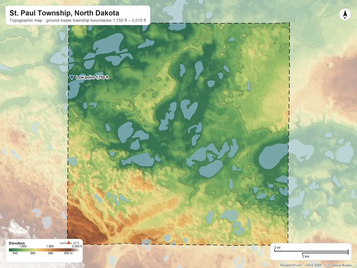 Topographic elevation map of St. Paul Township, North Dakota, shaded from 1,750 ft on the northwest side to 2,010 ft on the southwest side