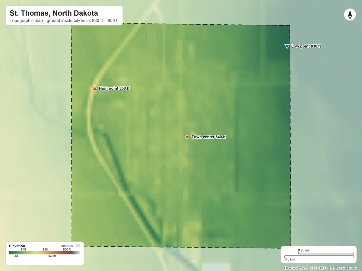 Topographic elevation map of St. Thomas, North Dakota, shaded from 830 ft on the northeast side to 850 ft on the northwest side