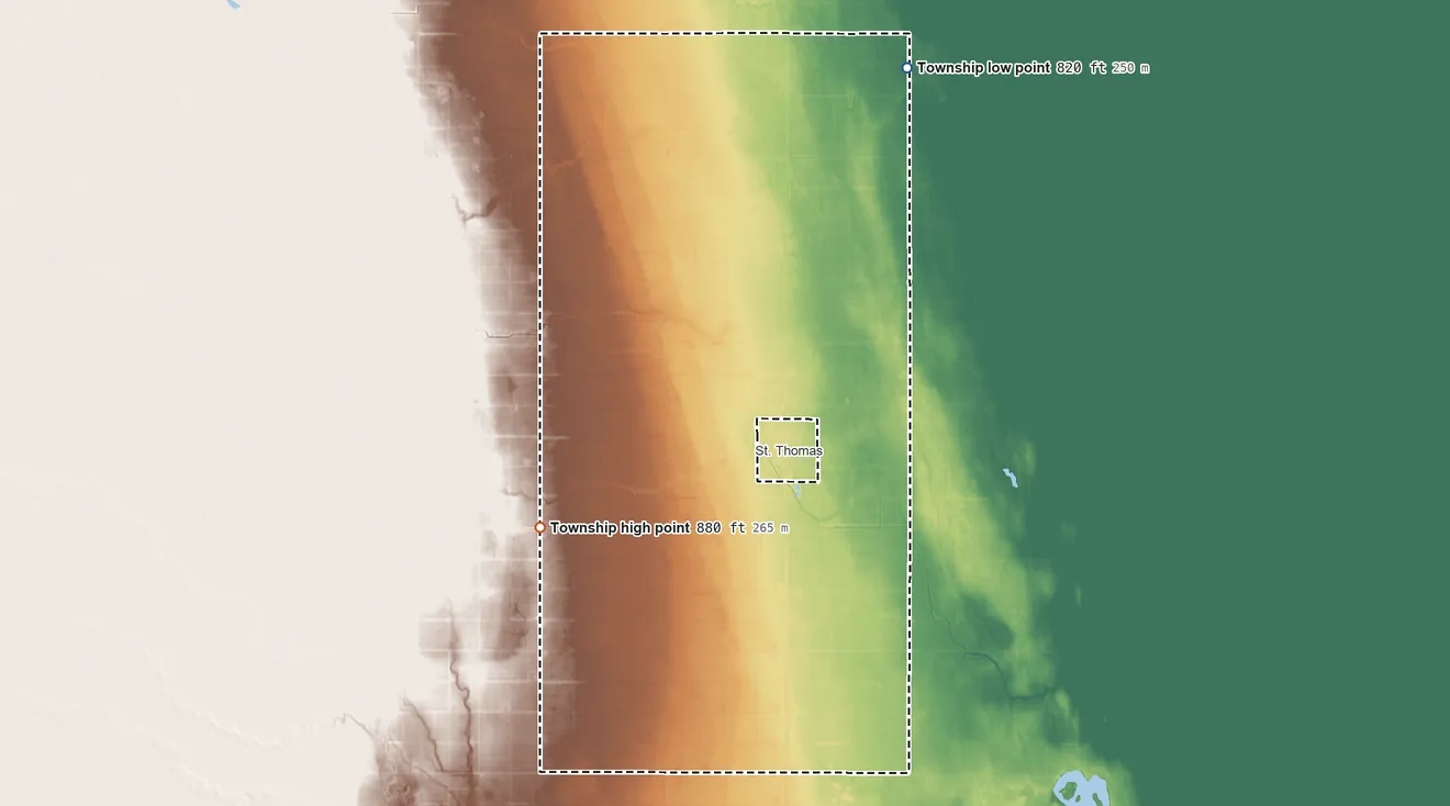 Topographic elevation map of St. Thomas Township, North Dakota, shaded from 820 ft on the northeast side to 880 ft on the southwest side