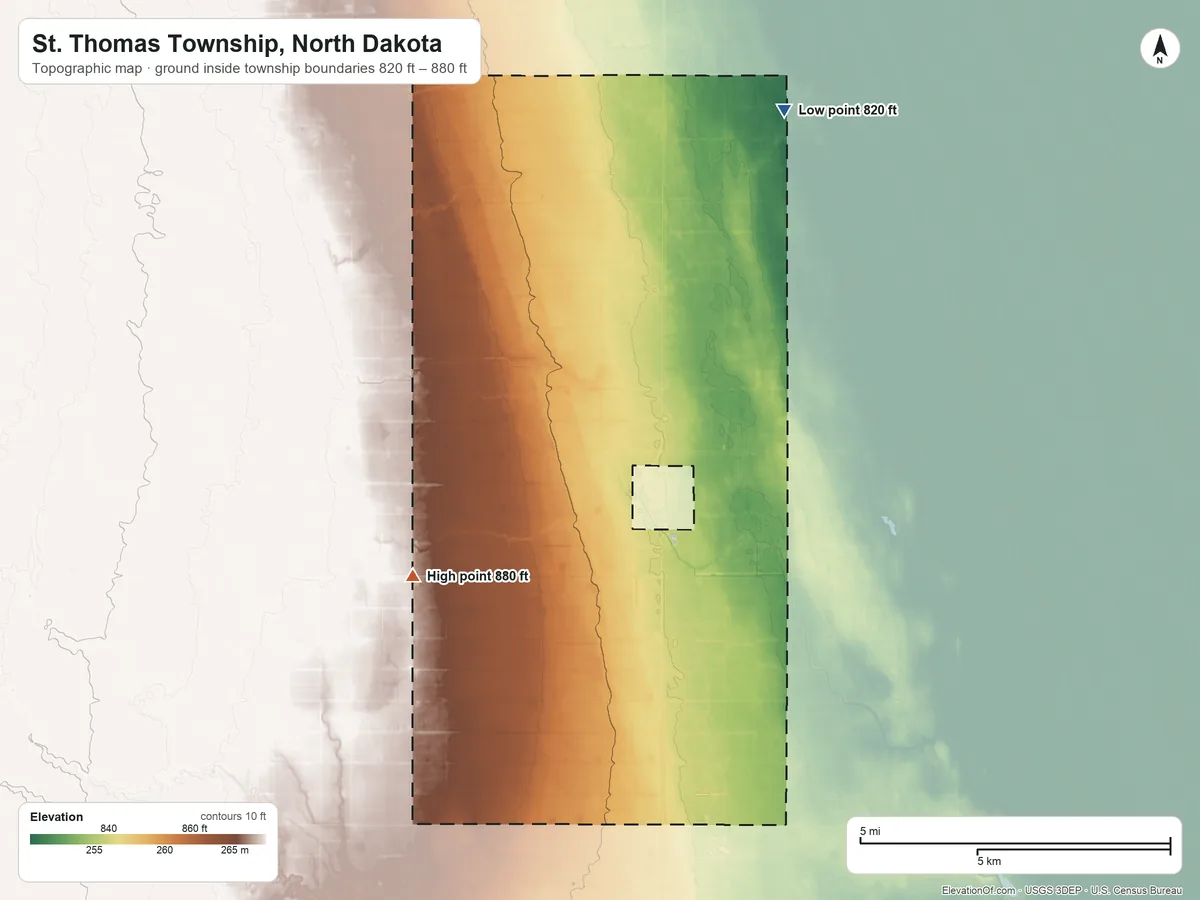 Topographic elevation map of St. Thomas Township, North Dakota, shaded from 820 ft on the northeast side to 880 ft on the southwest side