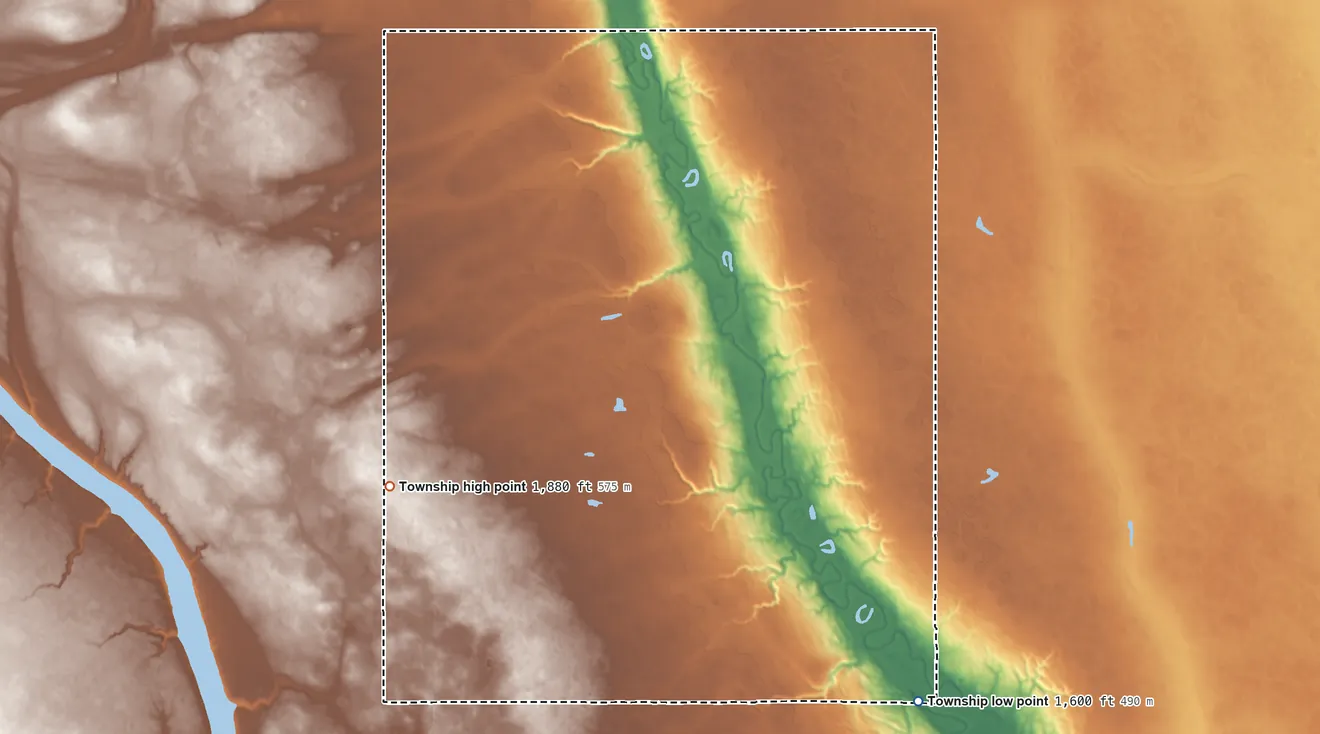 Topographic elevation map of Stafford Township, North Dakota, shaded from 1,600 ft on the southeast side to 1,880 ft on the west side