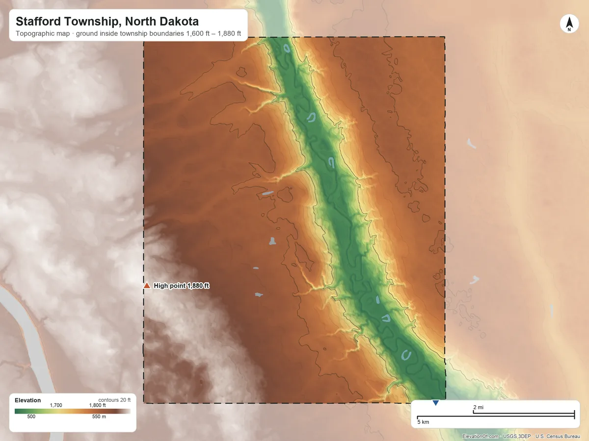 Topographic elevation map of Stafford Township, North Dakota, shaded from 1,600 ft on the southeast side to 1,880 ft on the west side