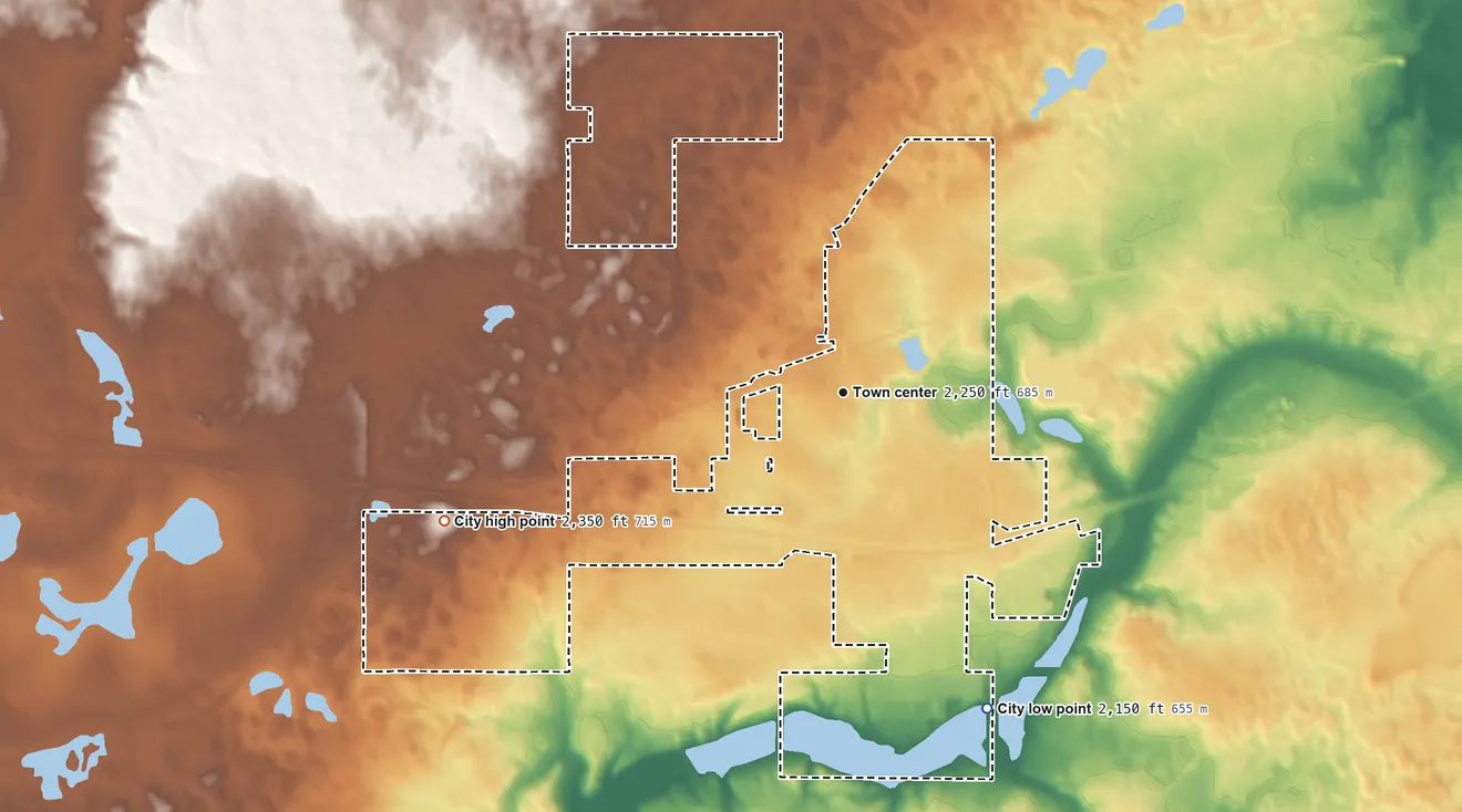 Topographic elevation map of Stanley, North Dakota, shaded from 2,150 ft on the southeast side to 2,350 ft on the west side