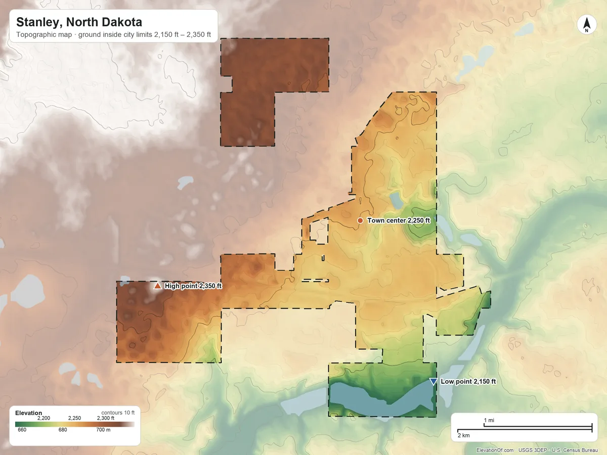 Topographic elevation map of Stanley, North Dakota, shaded from 2,150 ft on the southeast side to 2,350 ft on the west side