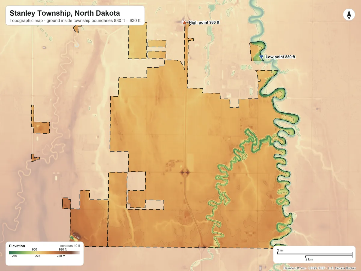 Topographic elevation map of Stanley Township, North Dakota, shaded from 880 ft on the north side to 930 ft on the northwest side