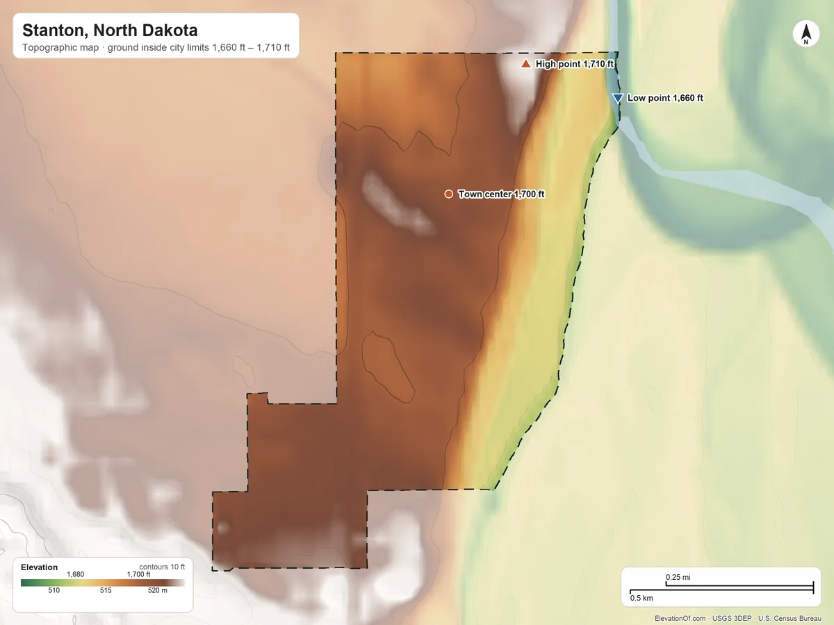 Topographic elevation map of Stanton, North Dakota, shaded from 1,660 ft on the northeast side to 1,710 ft on the northeast side