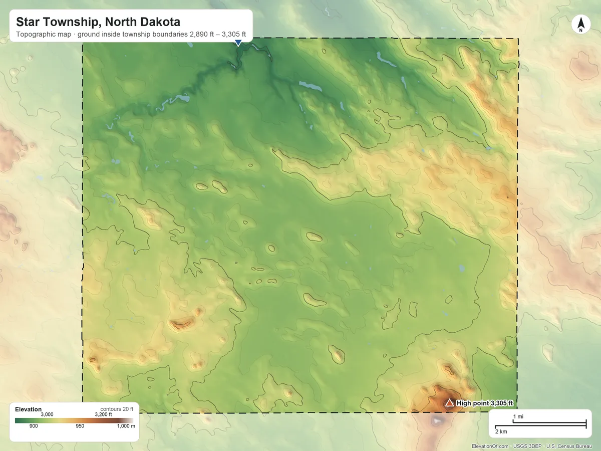 Topographic elevation map of Star Township, North Dakota, shaded from 2,890 ft on the north side to 3,305 ft on Twin Buttes