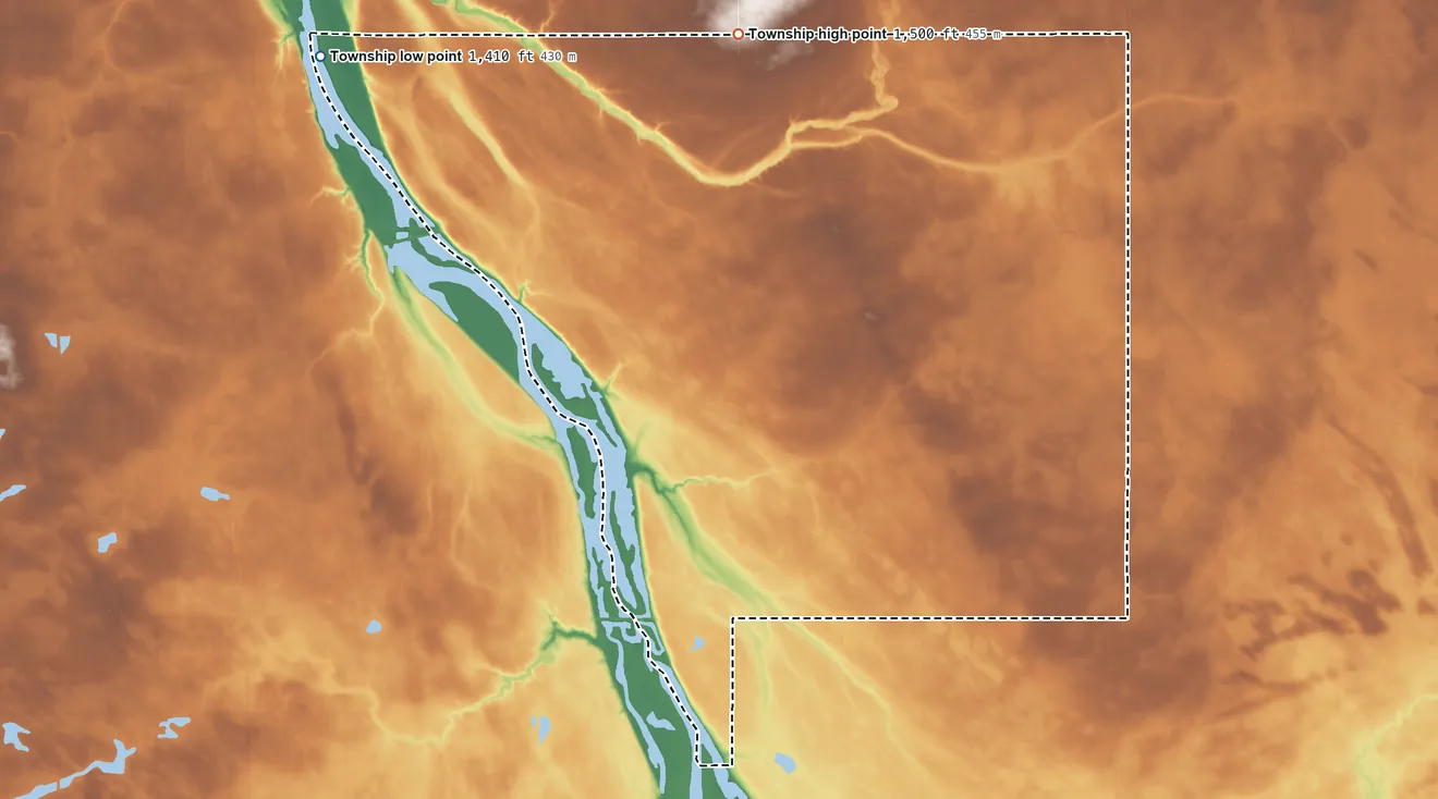 Topographic elevation map of Starbuck Township, North Dakota, shaded from 1,410 ft on the northwest side to 1,500 ft on the north side