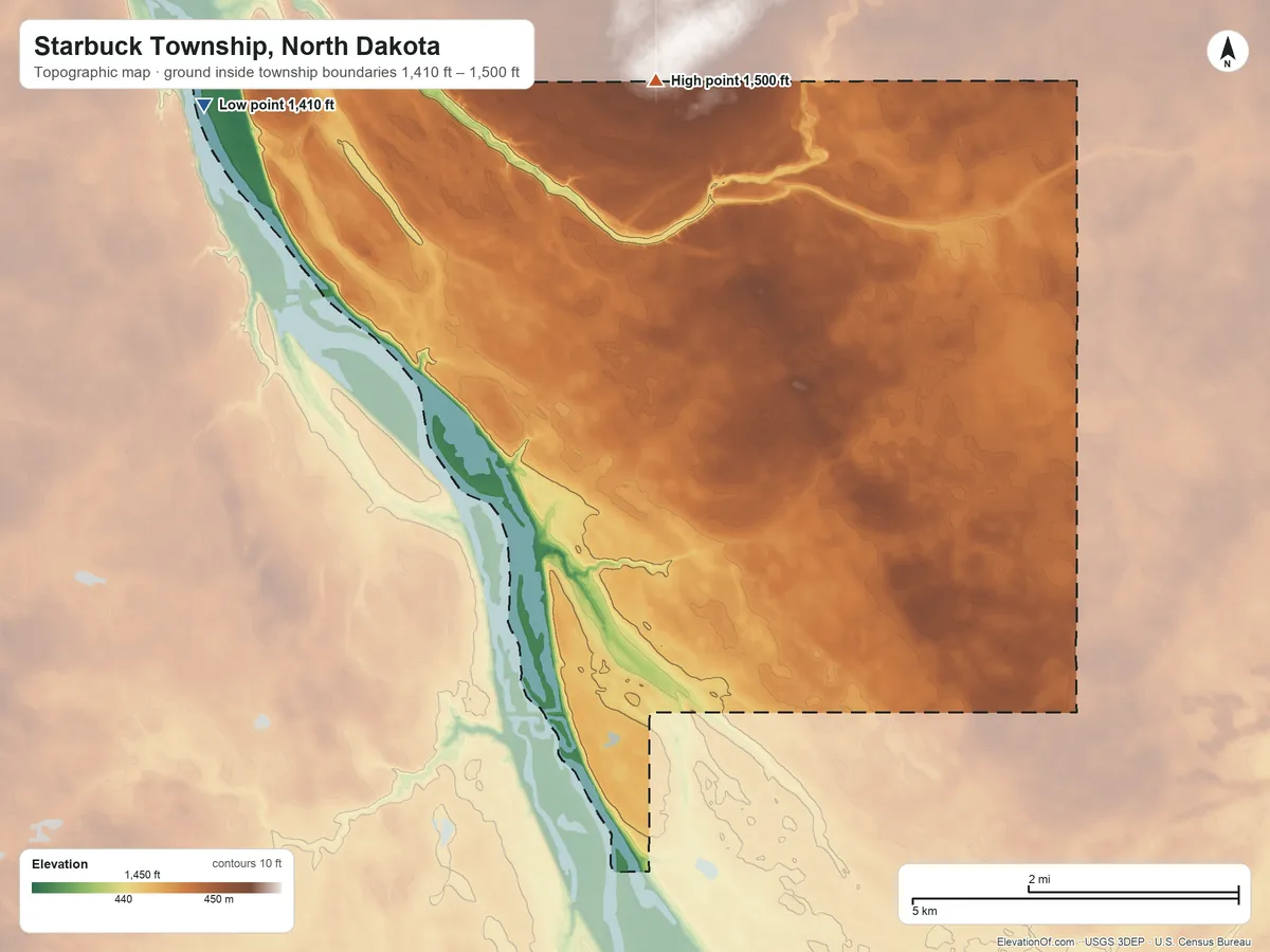 Topographic elevation map of Starbuck Township, North Dakota, shaded from 1,410 ft on the northwest side to 1,500 ft on the north side