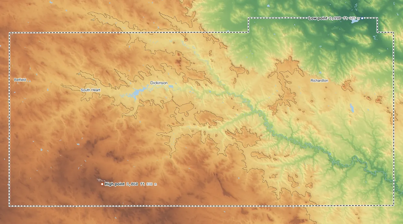 Topographic elevation map of Stark County, North Dakota, shaded from 1,990 ft on the northeast side to 3,060 ft on the southwest side