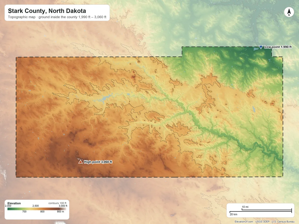 Topographic elevation map of Stark County, North Dakota, shaded from 1,990 ft on the northeast side to 3,060 ft on the southwest side