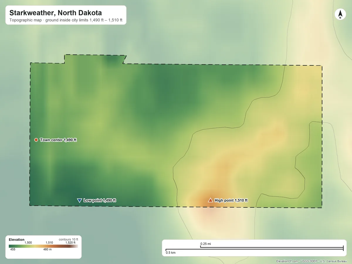 Topographic elevation map of Starkweather, North Dakota, shaded from 1,490 ft on the southeast side to 1,510 ft on the east side