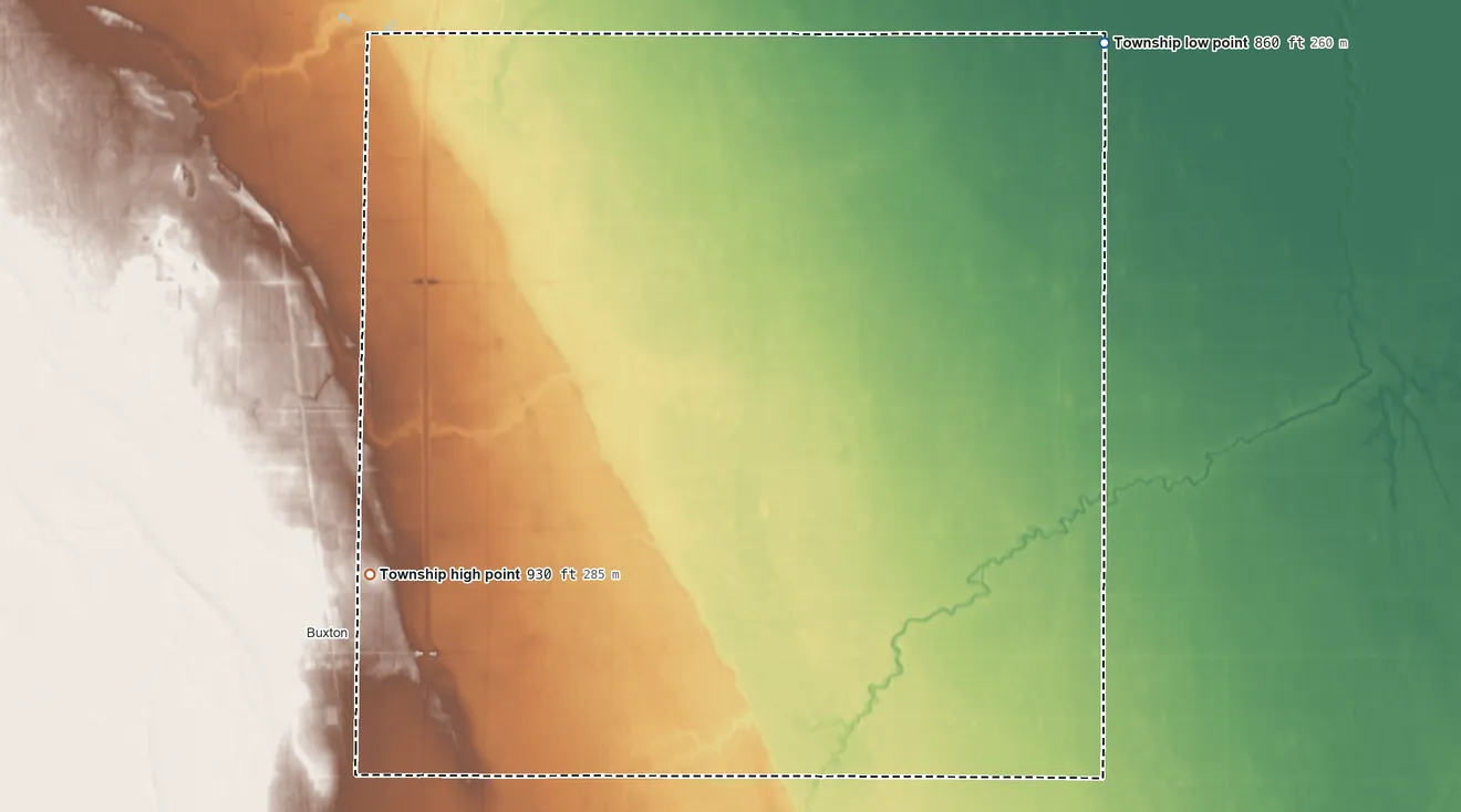 Topographic elevation map of Stavanger Township, North Dakota, shaded from 860 ft on the northeast side to 930 ft on the southwest side