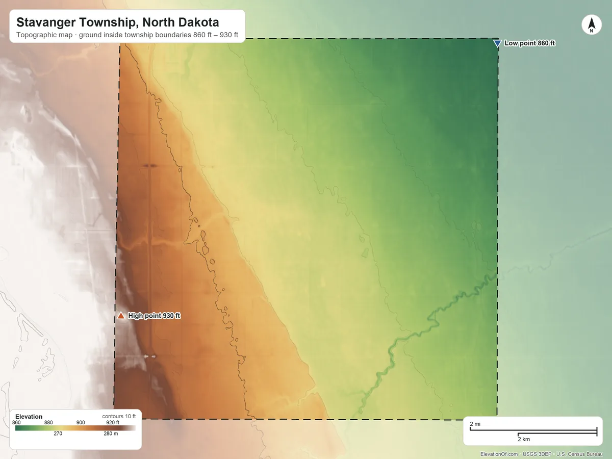 Topographic elevation map of Stavanger Township, North Dakota, shaded from 860 ft on the northeast side to 930 ft on the southwest side