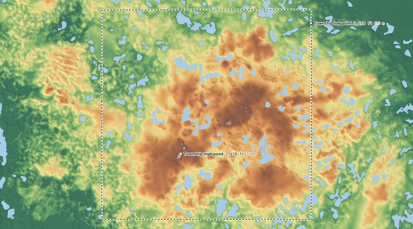 Topographic elevation map of Stave Township, North Dakota, shaded from 2,210 ft on the northeast side to 2,410 ft on the west side