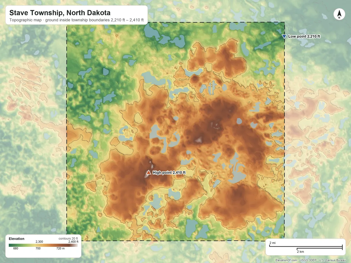 Topographic elevation map of Stave Township, North Dakota, shaded from 2,210 ft on the northeast side to 2,410 ft on the west side