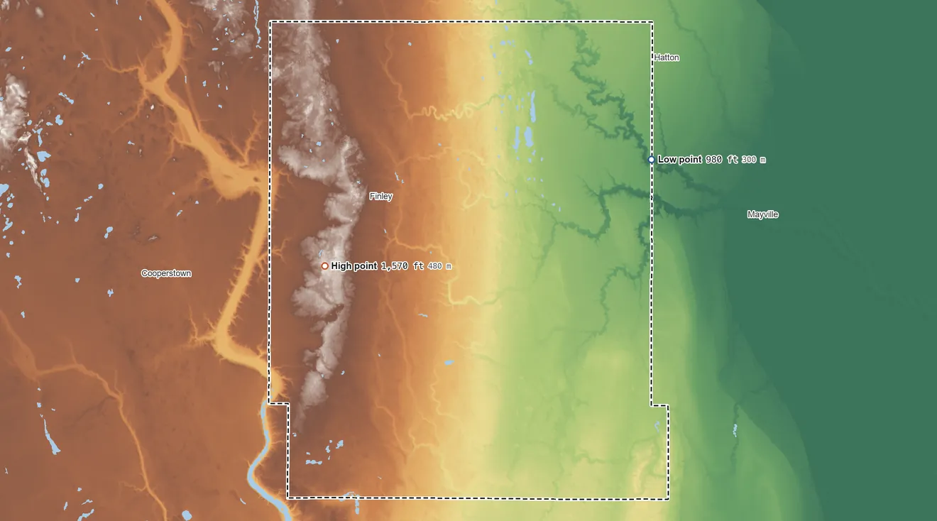 Topographic elevation map of Steele County, North Dakota, shaded from 980 ft on the northeast side to 1,570 ft on the west side
