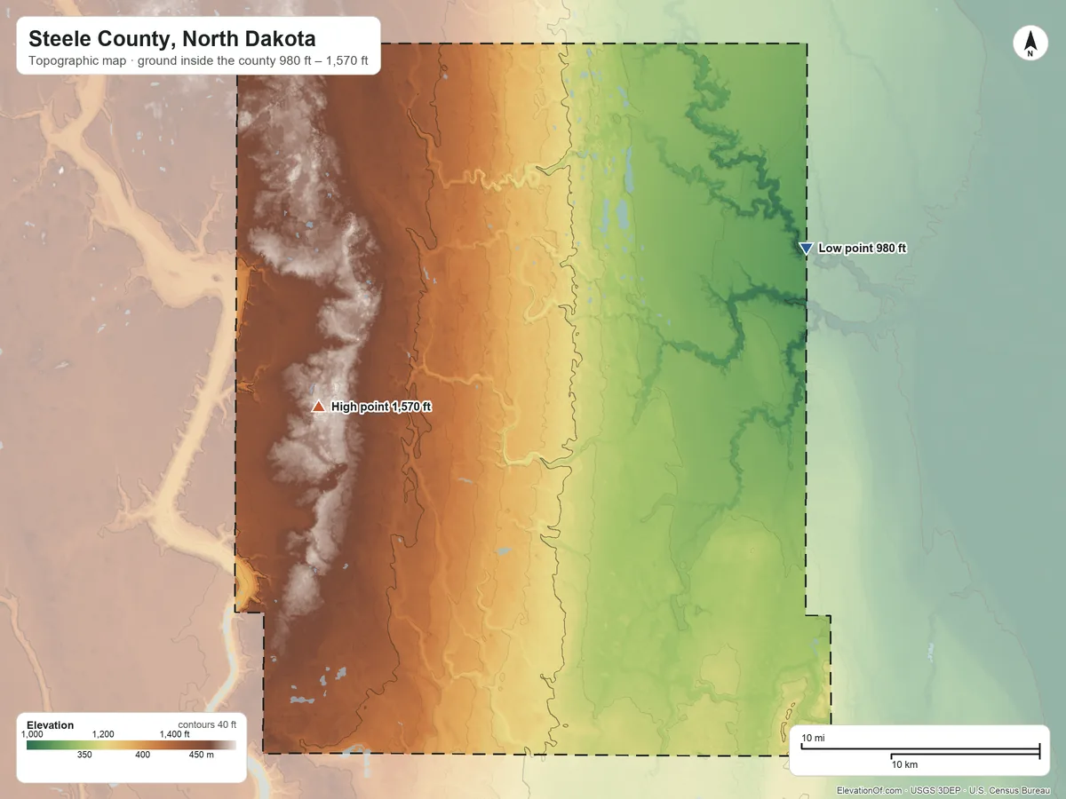 Topographic elevation map of Steele County, North Dakota, shaded from 980 ft on the northeast side to 1,570 ft on the west side