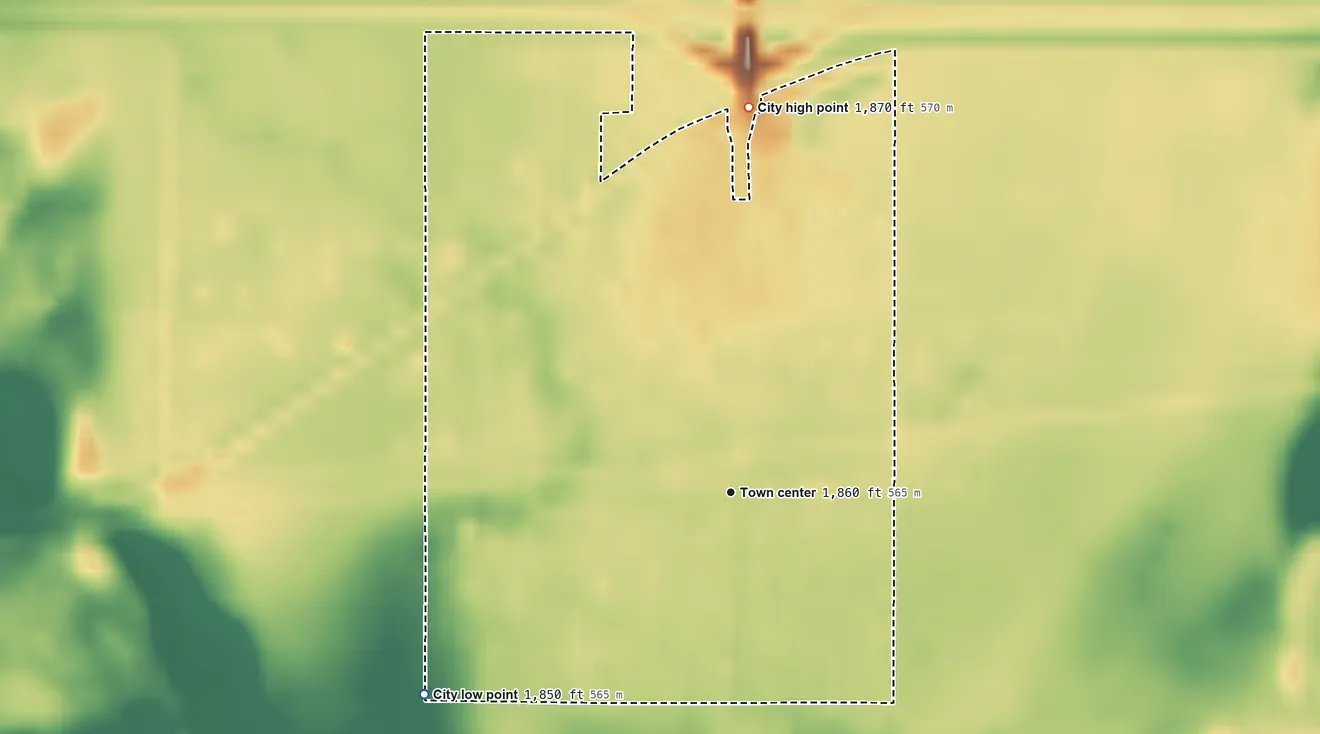 Topographic elevation map of Steele, North Dakota, shaded from 1,850 ft on the southwest side to 1,870 ft on the north side