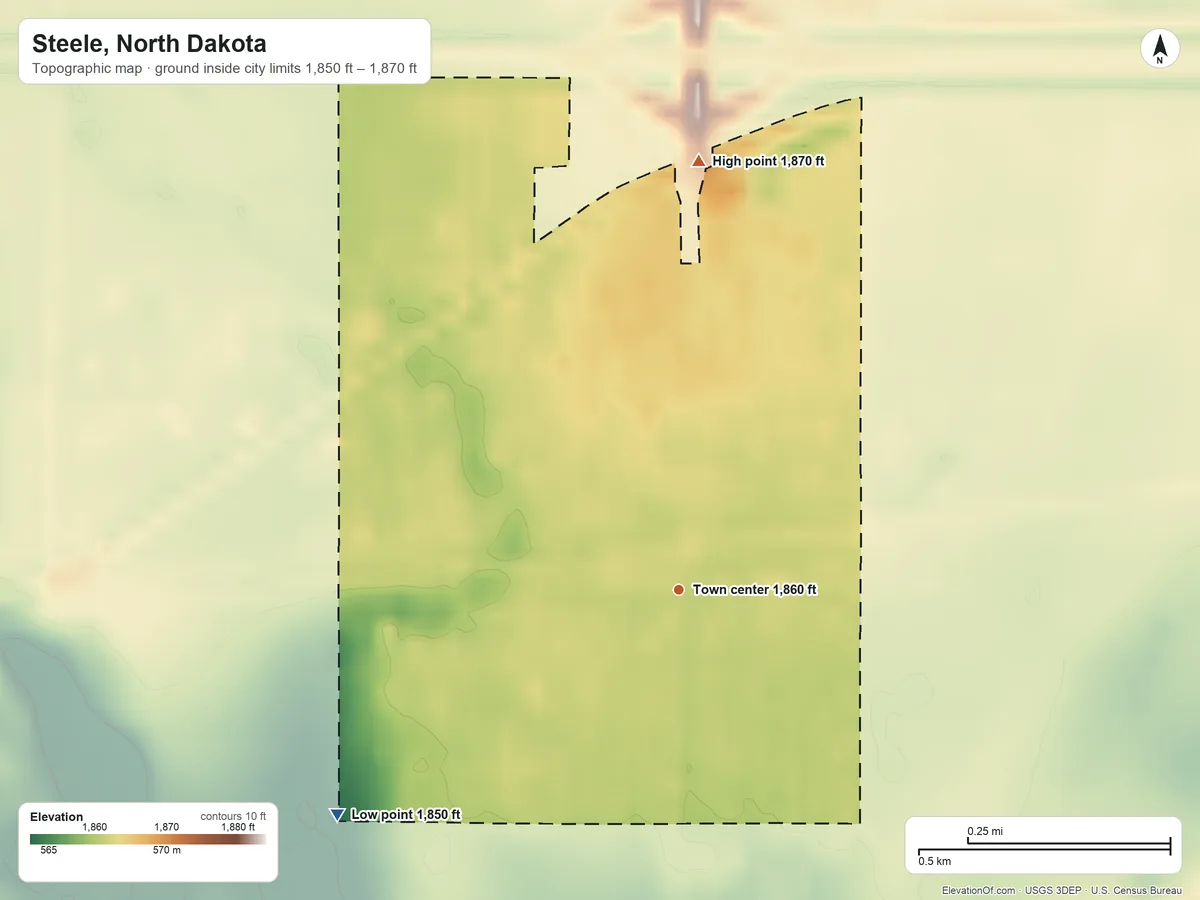 Topographic elevation map of Steele, North Dakota, shaded from 1,850 ft on the southwest side to 1,870 ft on the north side