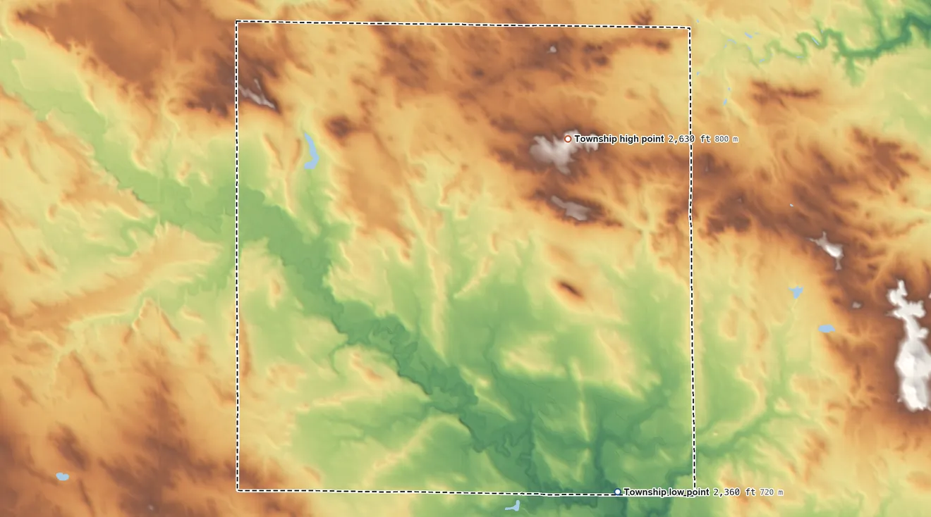 Topographic elevation map of Steiner Township, North Dakota, shaded from 2,360 ft on the south side to 2,630 ft near the middle