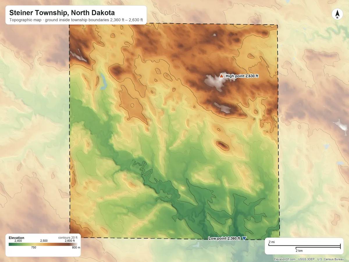 Topographic elevation map of Steiner Township, North Dakota, shaded from 2,360 ft on the south side to 2,630 ft near the middle