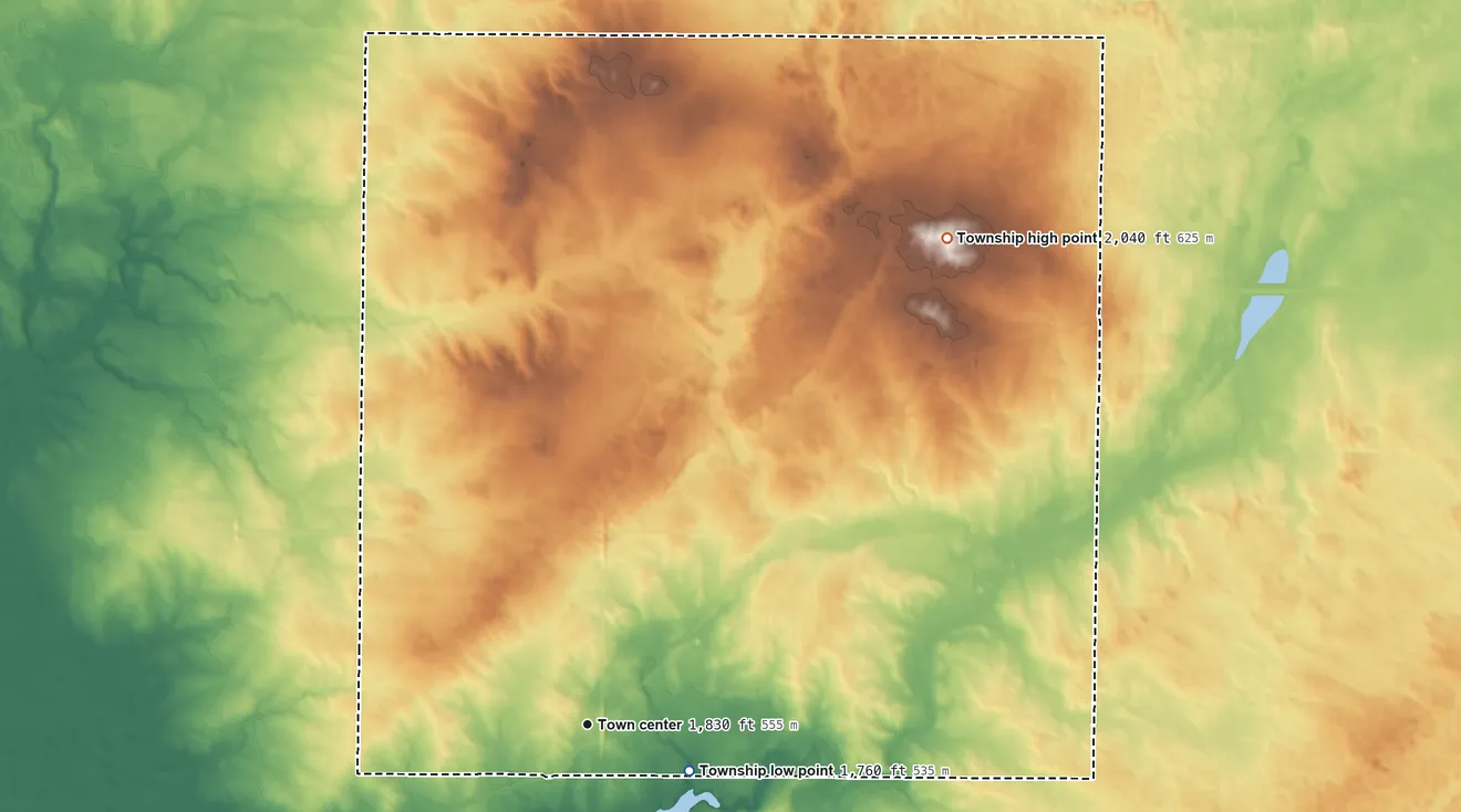 Topographic elevation map of Sterling Township, North Dakota, shaded from 1,760 ft on the southeast side to 2,040 ft on the northeast side