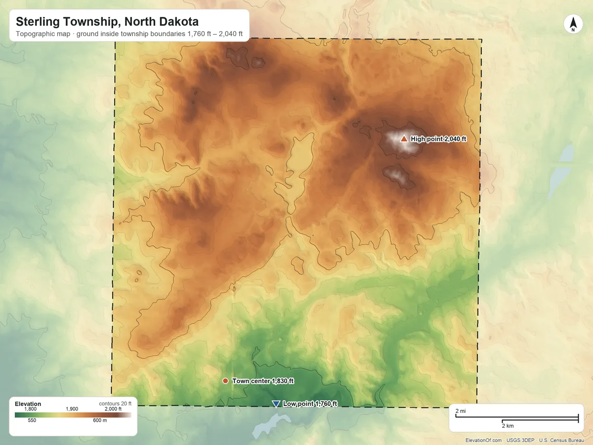 Topographic elevation map of Sterling Township, North Dakota, shaded from 1,760 ft on the southeast side to 2,040 ft on the northeast side