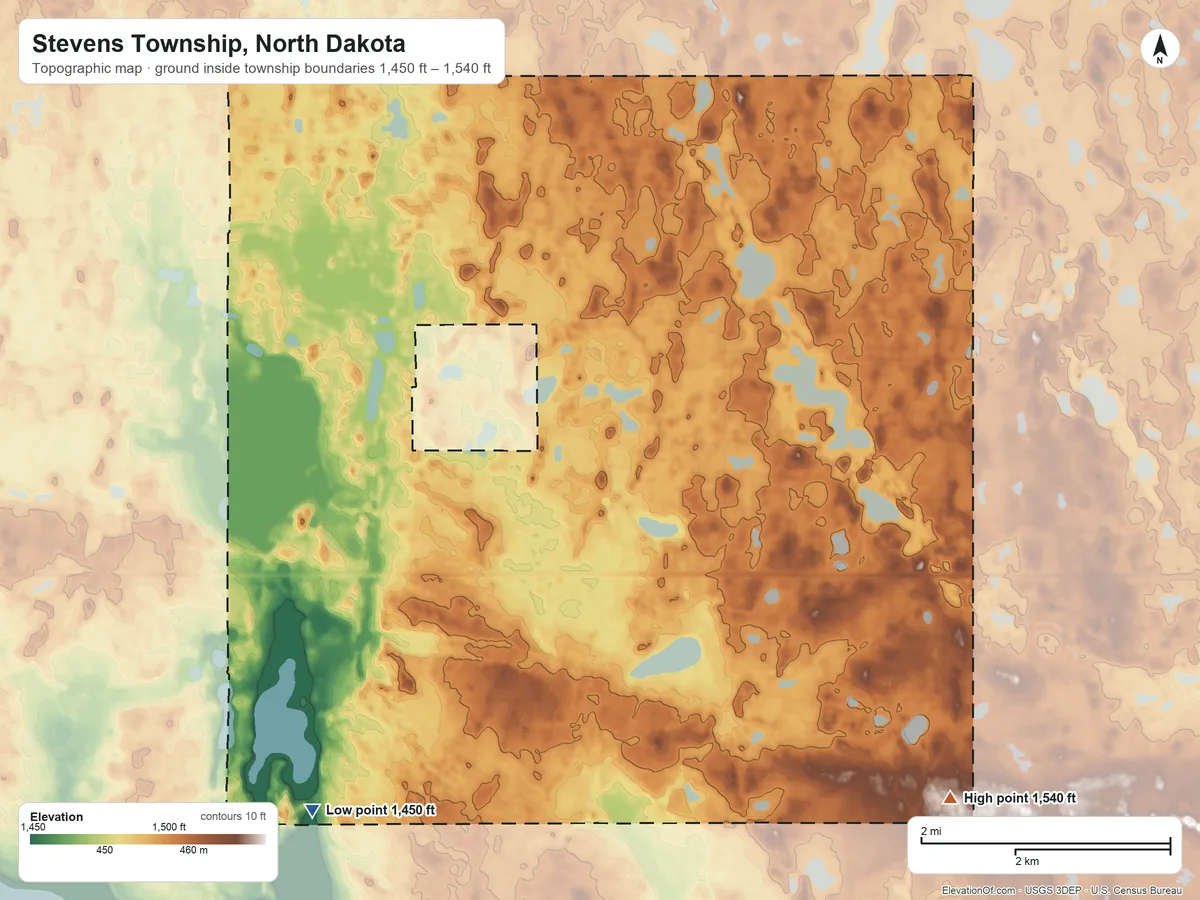 Topographic elevation map of Stevens Township, North Dakota, shaded from 1,450 ft on the southwest side to 1,540 ft on the southeast side