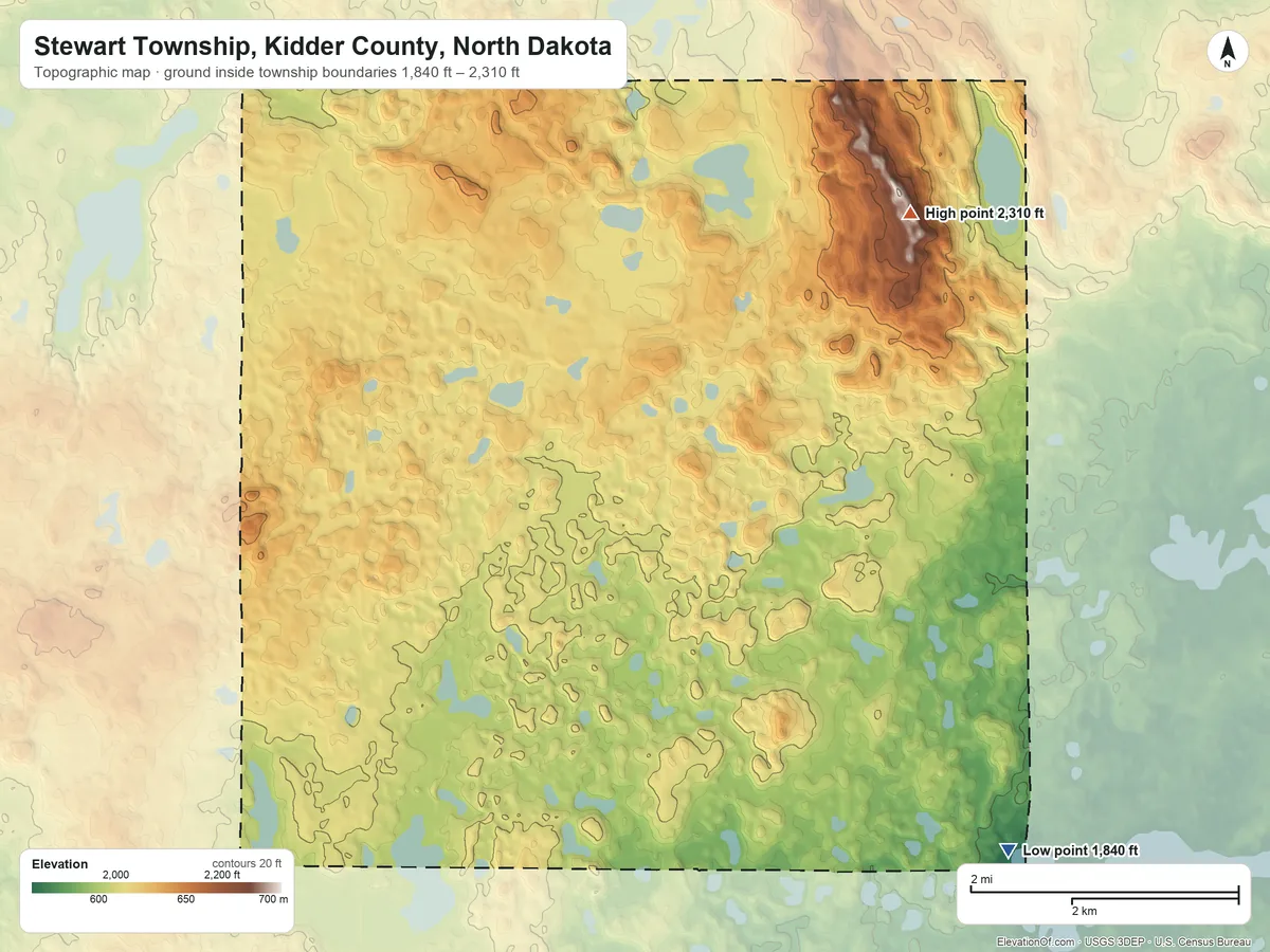 Topographic elevation map of Stewart Township, Kidder County, North Dakota, shaded from 1,840 ft on the southeast side to 2,310 ft on the east side