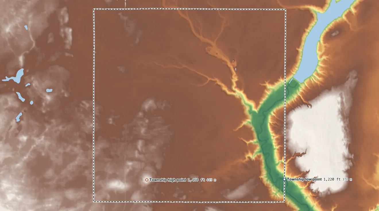 Topographic elevation map of Stewart Township, North Dakota, shaded from 1,220 ft on the southeast side to 1,460 ft on the southwest side